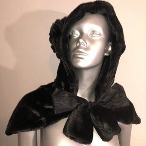 Black Faux Fur Hooded Capelet with silk moire ties